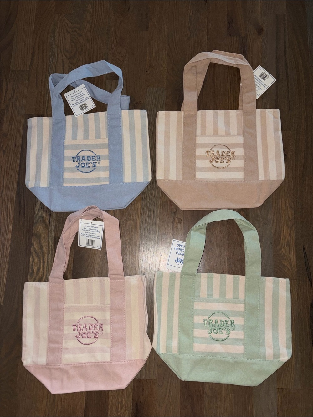 NWT Trader Joe’s Mini Canvas Tote Set of 4 Blue Green Pink Tan Striped Design